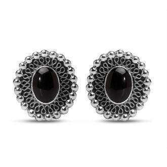 Estate Jewelry Vintage Lace Oval Black Stone Clip-On Earrings In Solid Sterling Silver