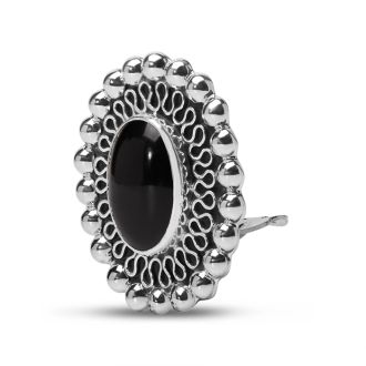 Estate Jewelry Vintage Lace Oval Black Stone Clip-On Earrings In Solid Sterling Silver