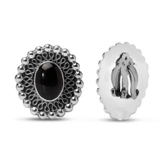 Estate Jewelry Vintage Lace Oval Black Stone Clip-On Earrings In Solid Sterling Silver