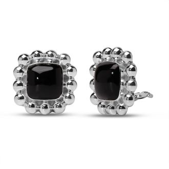 Estate Jewelry Vintage Ball Framed Cushion Black Stone Clip-On Earrings In Solid Sterling Silver
