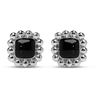 Estate Jewelry Vintage Ball Framed Cushion Black Stone Clip-On Earrings In Solid Sterling Silver