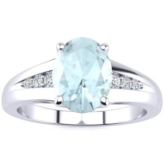 Aquamarine Ring: Aquamarine Jewelry: 1 1/5ct Oval Shape Aquamarine and Diamond Ring in 10k White Gold