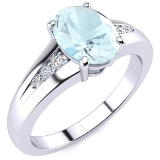 Aquamarine Ring: Aquamarine Jewelry: 1 1/5ct Oval Shape Aquamarine and Diamond Ring in 10k White Gold
