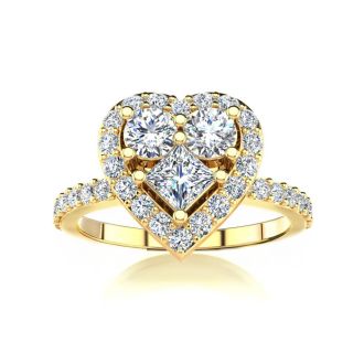 Estate Jewelry 1 Carat Natural Heart Halo Bridal Ring in 14k Yellow Gold, Size 6