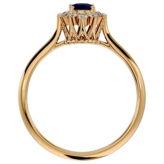 3/4 Carat Oval Shape Sapphire and Halo Diamond Ring In 14 Karat Yellow Gold