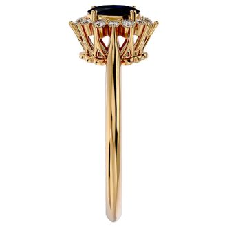 3/4 Carat Oval Shape Sapphire and Halo Diamond Ring In 14 Karat Yellow Gold