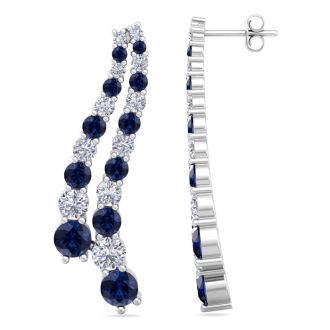 4 Carat Sapphire and Lab Grown Diamond Line Drop Earrings In 14 Karat White Gold, 1 1/2 Inches