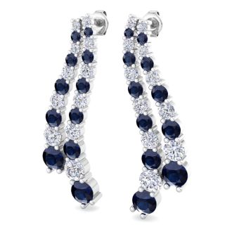 4 Carat Sapphire and Lab Grown Diamond Line Drop Earrings In 14 Karat White Gold, 1 1/2 Inches