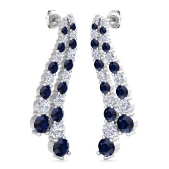 4 Carat Sapphire and Lab Grown Diamond Line Drop Earrings In 14 Karat White Gold, 1 1/2 Inches