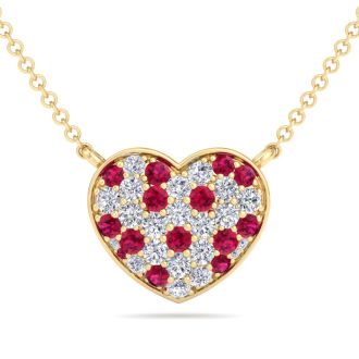 2 Carat Ruby and Lab Grown Diamond Heart Necklace In 14 Karat Yellow Gold, 1 1/2 Inches