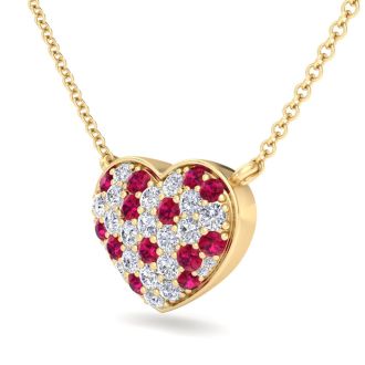 2 Carat Ruby and Lab Grown Diamond Heart Necklace In 14 Karat Yellow Gold, 1 1/2 Inches