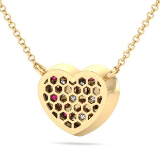 2 Carat Ruby and Lab Grown Diamond Heart Necklace In 14 Karat Yellow Gold, 1 1/2 Inches
