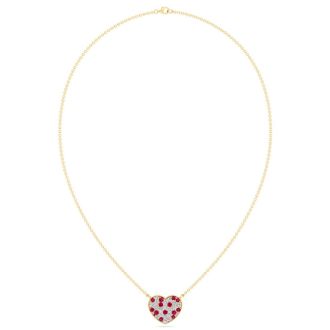 2 Carat Ruby and Lab Grown Diamond Heart Necklace In 14 Karat Yellow Gold, 1 1/2 Inches