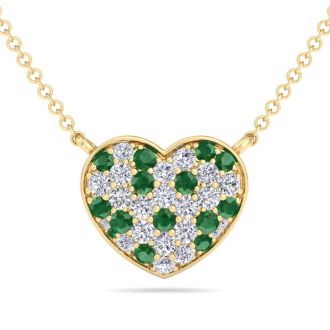 2 Carat Emerald and Lab Grown Diamond Heart Necklace In 14 Karat Yellow Gold, 1 1/2 Inches