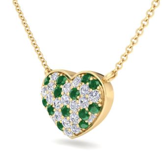 2 Carat Emerald and Lab Grown Diamond Heart Necklace In 14 Karat Yellow Gold, 1 1/2 Inches