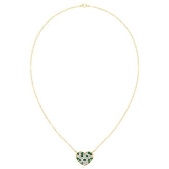 2 Carat Emerald and Lab Grown Diamond Heart Necklace In 14 Karat Yellow Gold, 1 1/2 Inches