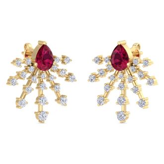 3 1/2 Carat Pear Shape Ruby and Lab Grown Diamond Spray Drop Earrings In 14 Karat Yellow Gold