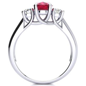 1 3/4 Carat Oval Shape Ruby and Two Diamond Ring In 14 Karat White Gold
