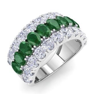 4 Carat Emerald and Lab Grown Diamond Band Ring In 14K White Gold