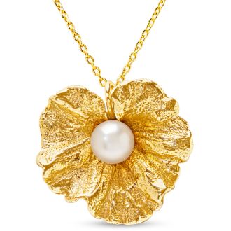 Estate Jewelry Pearl Flower Necklace In 14 Karat Yellow Gold, FREE 18 Inch Chain