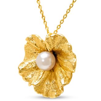Estate Jewelry Pearl Flower Necklace In 14 Karat Yellow Gold, FREE 18 Inch Chain