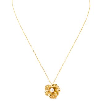 Estate Jewelry Pearl Flower Necklace In 14 Karat Yellow Gold, FREE 18 Inch Chain