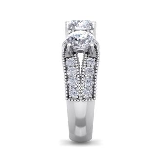 Estate Jewelry 3 Carat Natural Diamond Three-Stone Plus Ring in 14 Karat White Gold, Size 6.5