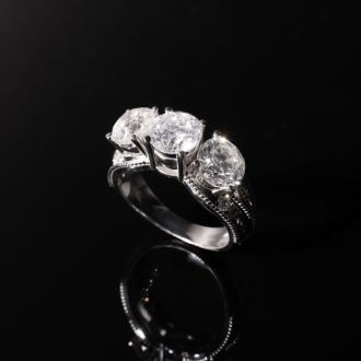 Estate Jewelry 3 Carat Natural Diamond Three-Stone Plus Ring in 14 Karat White Gold, Size 6.5