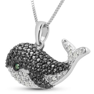 1/10 Carat Blue and White Diamond Baby Whale Necklace In Sterling Silver, 18 Inches