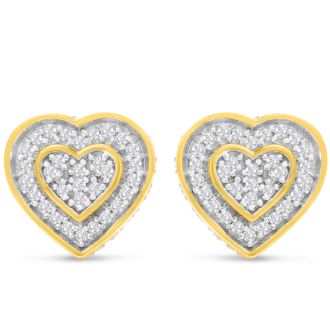 1/10 Carat Pave Diamond Heart Stud Earrings In 14K Yellow Gold Over Sterling Silver