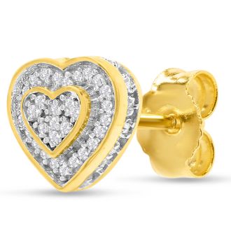 1/10 Carat Pave Diamond Heart Stud Earrings In 14K Yellow Gold Over Sterling Silver