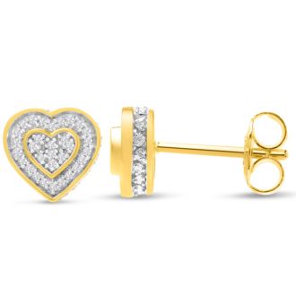 1/10 Carat Pave Diamond Heart Stud Earrings In 14K Yellow Gold Over Sterling Silver