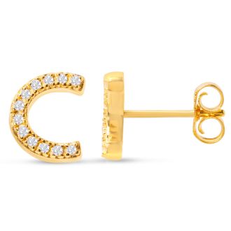 14K Yellow Gold Over Sterling Silver Letter C Initial Earrings With Diamonds – Personalized Initial Jewelry