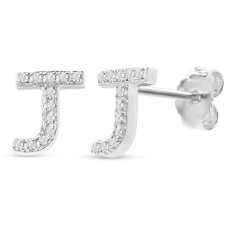 Sterling Silver Letter J Initial Earrings With Diamonds – Personalized Initial Jewelry