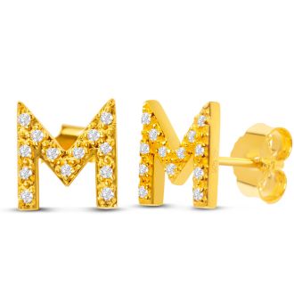 14K Yellow Gold Over Sterling Silver Letter M Initial Earrings With Diamonds – Personalized Initial Jewelry