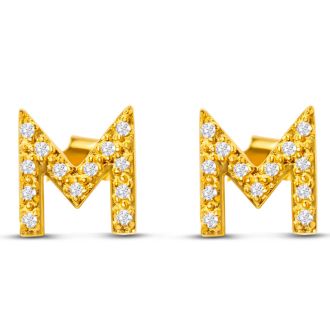 14K Yellow Gold Over Sterling Silver Letter M Initial Earrings With Diamonds – Personalized Initial Jewelry