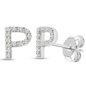 Sterling Silver Letter P Initial Earrings With Diamonds – Personalized Initial Jewelry
