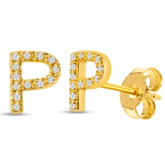 14K Yellow Gold Over Sterling Silver Letter P Initial Earrings With Diamonds – Personalized Initial Jewelry