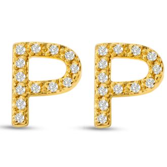 14K Yellow Gold Over Sterling Silver Letter P Initial Earrings With Diamonds – Personalized Initial Jewelry