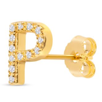 14K Yellow Gold Over Sterling Silver Letter P Initial Earrings With Diamonds – Personalized Initial Jewelry