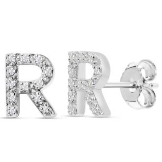 Sterling Silver Letter R Initial Earrings With Diamonds – Personalized Initial Jewelry