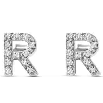 Sterling Silver Letter R Initial Earrings With Diamonds – Personalized Initial Jewelry