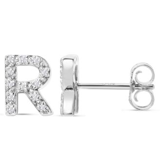 Sterling Silver Letter R Initial Earrings With Diamonds – Personalized Initial Jewelry