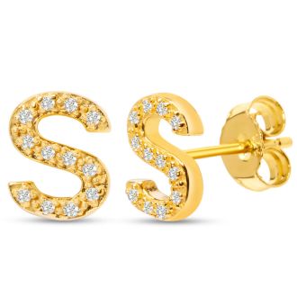 14K Yellow Gold Over Sterling Silver Letter S Initial Earrings With Diamonds – Personalized Initial Jewelry