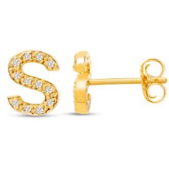 14K Yellow Gold Over Sterling Silver Letter S Initial Earrings With Diamonds – Personalized Initial Jewelry