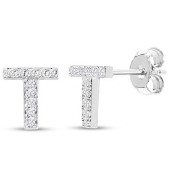 Sterling Silver Letter T Initial Earrings With Diamonds – Personalized Initial Jewelry