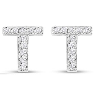 Sterling Silver Letter T Initial Earrings With Diamonds – Personalized Initial Jewelry