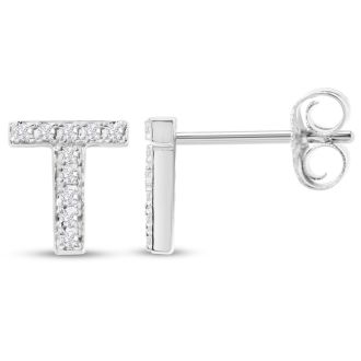 Sterling Silver Letter T Initial Earrings With Diamonds – Personalized Initial Jewelry