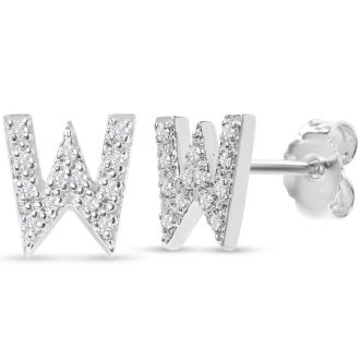 Sterling Silver Letter W Initial Earrings With Diamonds – Personalized Initial Jewelry