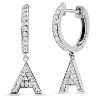 Sterling Silver Letter A Initial Earrings, Diamond Drop Earrings – Personalized Initial Jewelry